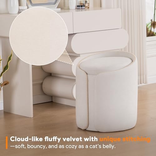 Storage Vanity Stool with Gold Base Comfy Vanity Chair Modern Round Stool for Makeup Vanity Ottoman Foot Rest for Bedroom livingroom, Beige