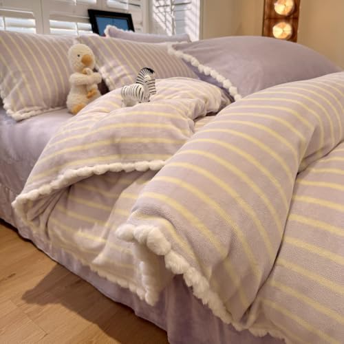 AOJIM Milk Velvet Duvet Cover Set Queen Vintage Lilac Striped Bedding 3Pcs