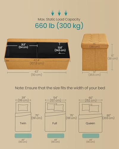 SONGMICS 43.3 Inches Folding Storage Ottoman Bench, Load 660 lb
