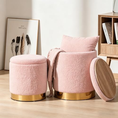 Round Ottoman with Storage Set of 2 Pink Sherpa Vanity Stool