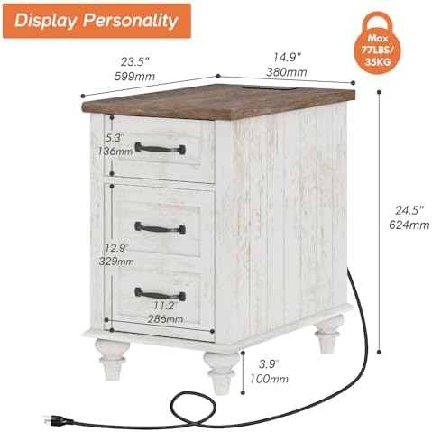 WAMPAT Narrow End Table with Charging Station, Wood Nightstand with Storage