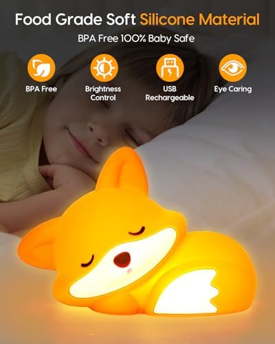 Amaredom Fox Night Light, Cute Fox Lamp, Silicone Dimmable for Baby Nursery