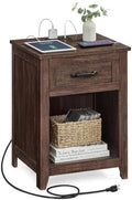 VASAGLE Farmhouse Nightstand with Charging Station, 1 Drawer