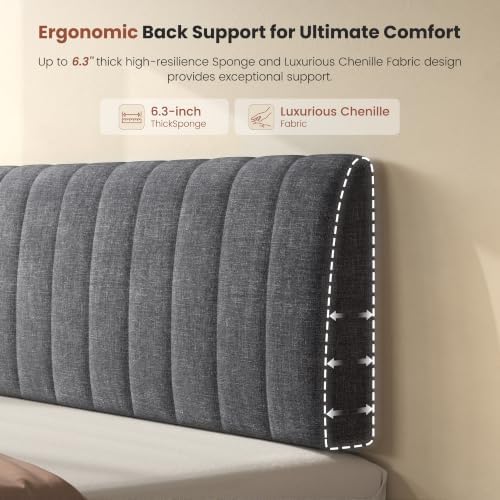 6.3" Upholstered Headboard for King Size Bed, Soft Chenille Fabric, Grey