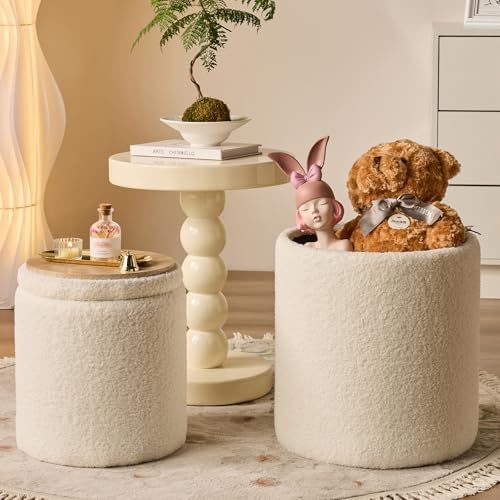 BLEXA Set of 2 Round Storage Ottoman, White Sherpa Ottoman with Storage