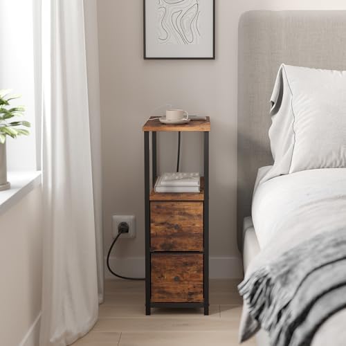 TUTOTAK Narrow End Table, Skinny Side Table with Charging Station