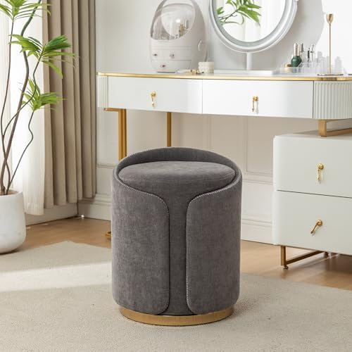 Swivel Vanity Stool with Gold Base Comfy Vanity Chair Modern Round Stool for Makeup Vanity Ottoman Foot Rest for Bedroom livingroom (Dark Gray)