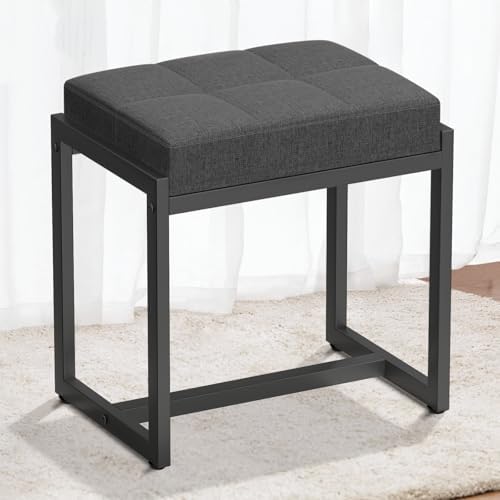 Vanity Stool, Vanity Chair Stools for Makeup Room, Square Linen Makeup Stool for Vanity, Modern Padded Vanity Bench Small Ottoman Foot Rest Stool for Bedroom Living Room, Dark Grey & Black