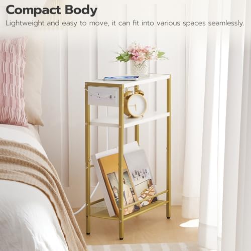 HOOBRO Small Narrow Side Table with Charging Station, Skinny End Table for Small Spaces, Slim Nightstand with USB Ports Outlet, Sofa Beside Table with Storage Shelf, White and Gold DW102UBZ01
