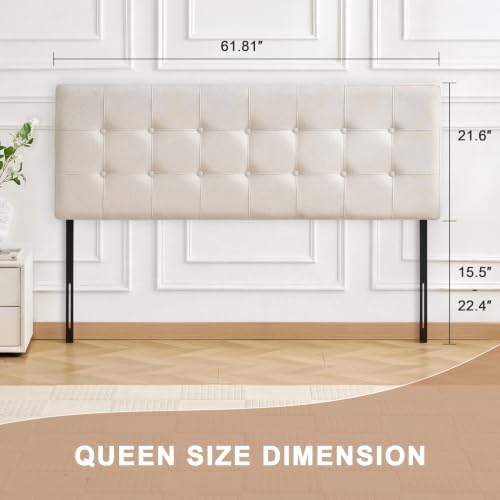 Linen Tufted Headboard Queen Size, Solid Wood Queen Headboard Only, Beige