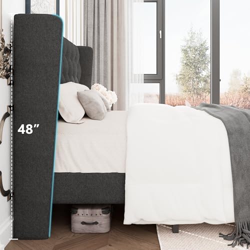 GalnFu Queen Size Bed Frame with Button Tufted Headboard, Upholstered Platform Bed Frame with UnderBed Storage, Wooden Slats Supports, Noise Free, No Box Spring Needed, Easy Assembly, Dark Grey