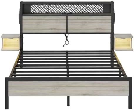 Bestier Queen Bed Frame with Horizontal Golden Stripe Storage Headboard&LED Nightstands, Metal Platform Bed with Charging Station, Heavy Duty Metal Slats, No Box Spring Needed, Noise Free(Grey Oak)