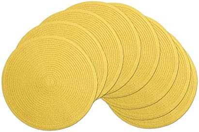 SHACOS Round Braided Placemats Set of 8 Washable Table Mats 15 inch Round Placemat Cotton Polyester Circle Placemat for Dining Table (Yellow, 8)