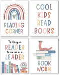 4pcs Motivational Reading Posters Wall Art Prints Decor For Classroom Read Corner School Nursery Library - Cool Kids Read Book, Boho Bulletin Decorations for Kids Reading Nook 8x10in, Unframe