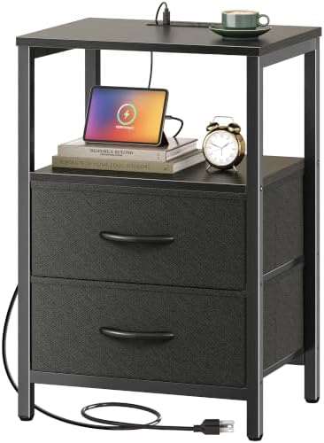 Huuger Nightstand with Charging Station, Side Table with Fabric Drawers
