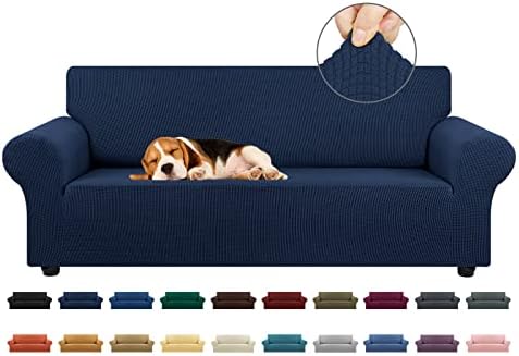 KEKUOU Stretch Couch Covers for Sofa, 3 Cushion Couch Slipcover,Navy Blue