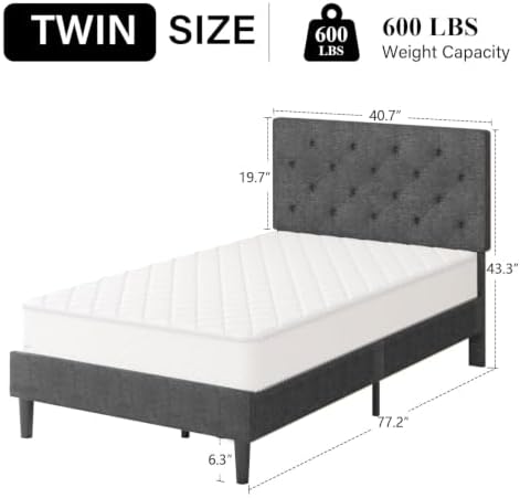 HOMBCK Twin Size Bed Frame with Adjustable Headboard, Light Grey