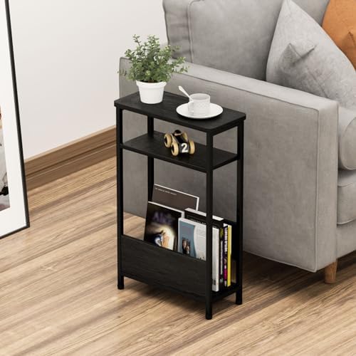THUMEYE 7.1" Narrow Side Table for Small Spaces, 3 Tier Small End Table with Magazine Holder, Slim/Skinny Nightstand/Bedside Table for Living Room, Bedroom, 15.4" L x 24.2" H, Black