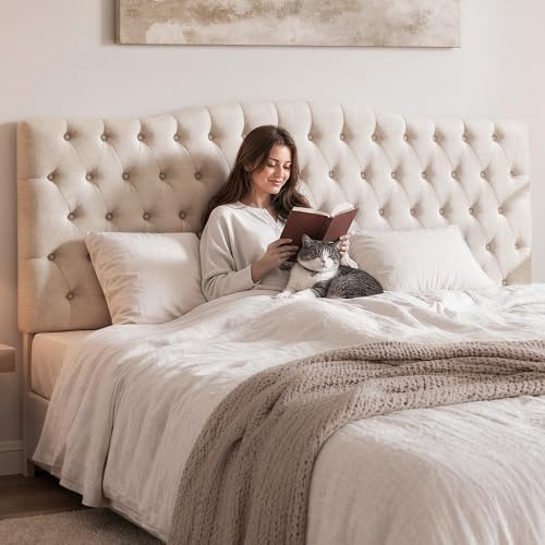 Iroomy Upholstered High Queen Headboard, Button Diamond Tufted Headboard with Adjustable Height and Solid Wood Leg, Linen Fabric Padded Headboards for Queen Size Bed, Mordern Head Board