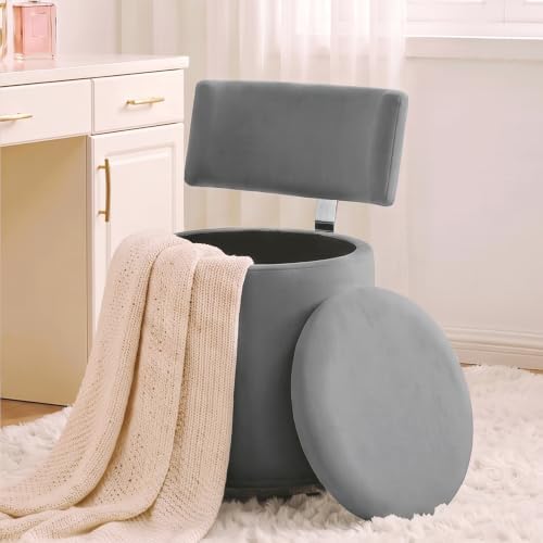 Swivel Vanity Chair with Storage, Velvet Makeup Stool with Higher Back for Living Room, Bedroom, Dressing, Grey