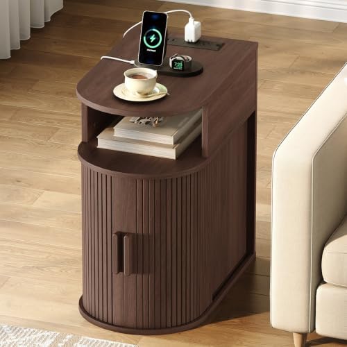 RALGEND Narrow End Table Set of 2 with Charging Station and Storage Shelf