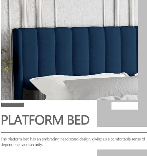 Twin Size Bed Frame with Velvet Upholstered Headboard, Blue