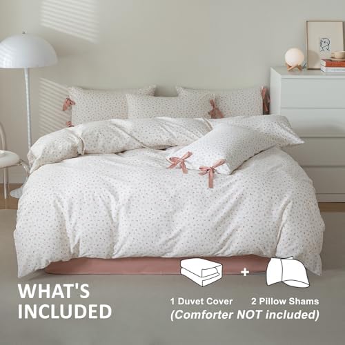 Pink Flower Stripes Duvet Cover Set Twin 100% Cotton Blossom Duvet Cover with Zipper Closure,Cottagecore Bedding Set for Girls Women-68 x86,Off-White