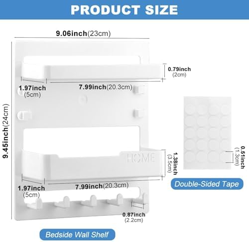 Bedside Wall Shelf, Adhesive Floating Shelves Dorm Decor with 5 Hooks