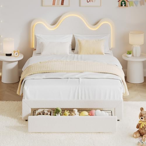IDEALHOUSE Twin Bed Frame with LED Headboard and Under-Bed Drawer, Metal Upholstered Platform Bed with LED Light for Kids, Girls, Lamb Fleece Fabric, Wooden Slats Support, No Box Spring Needed, White