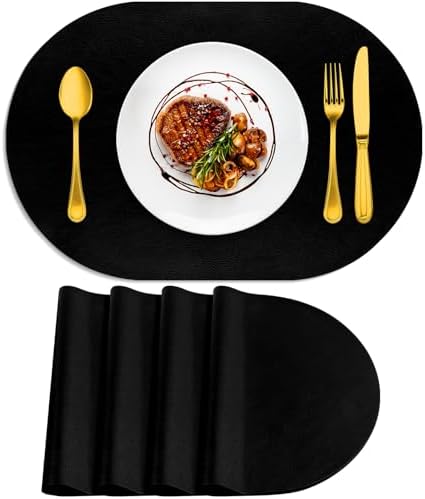 ADRIMER Oval Placemats Set of 4, Wipeable Faux Leather, Black