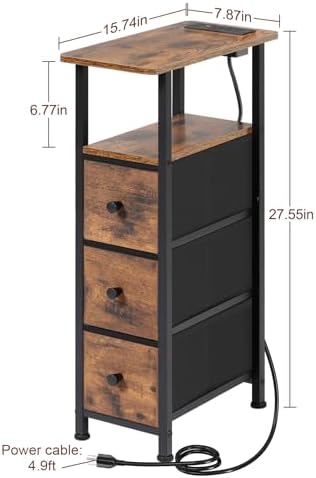 LOAKEKEL Narrow End Table with Charging Station, Small Nightstand