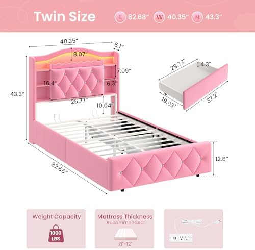 DICTAC Twin Size Bed Frame for Girls with Storage Drawers, Bookcase Headboard, LED Lights and Power Outlets, Diamond Tufted Velvet Upholstered Princess Platform Bed, Heavy-Duty Metal Support, Pink