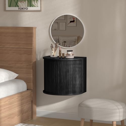 Floating Nightstand Set of 2 with Sliding Roller Shutter Doors,Black-06