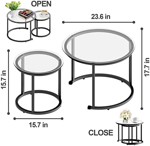 aboxoo Black Nesting Coffee Glass Table Set of 2, Metal Freme Side End Tables for Living Room Bedroom for Apartment Small Place Modern Industrial Simple, 23.6D x 23.6W x 17.7H in