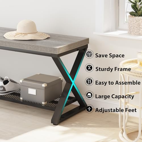 LVB Grey Entryway Bench with Storage, 47” Indoor Shoe Bench with Seating, Modern Storage Benchs for Hallway Foyer Entrance, Wood and Metal Entry Way Shoe Rack Bench for Living Room, Light Grey Oak