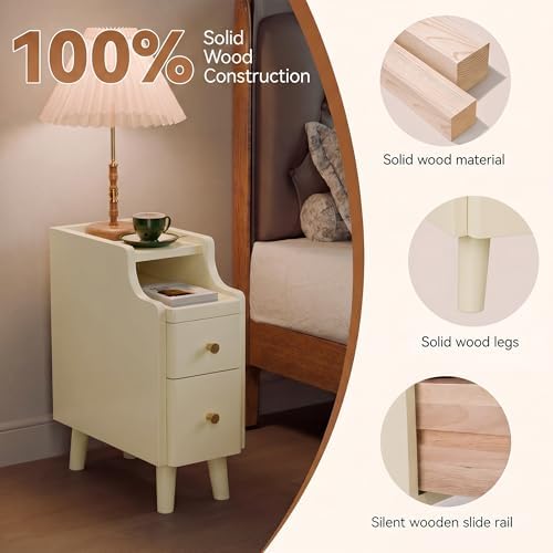 Nightstand with Drawers Set 2, Pre-Assembled, 19.7" H Natural Solid Wood Night Stand with Open Sliding Shelf, Mid Century Modern Small Bedside Table Cabinet for Bedroom, Cream 8"