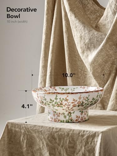 LE TAUCI 10" Ceramic Decorative Bowl, Key Bowl for Entryway, Handcrafted Sturdy Pedestal Bowl, French Country Fruit Bowl for Kitchen Counter, Centerpiece, Vine Green