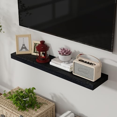 Axeman Floating Shelves, 2 Pack 8 Inch Deep Modern Solid Wood Wall Shelves for Storage, Wall Mounted Display Shelving with Invisible Heavy-Duty Metal Bracket, 24" W x 8" D x 1.6" H, Distressed Black