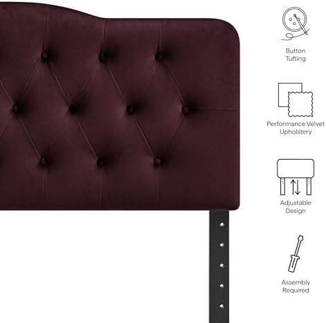 Modway Annabel Performance Velvet Adjustable Queen Headboard in Mulberry - Stain-Resistant Padded Headboard Only with Diamond Button Tufting and 7 Height-Adjustable Positions