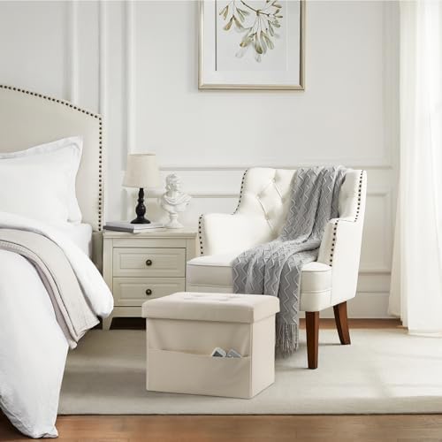 Bsketa Storage Ottoman Bench, 16" Folding Leather Foot Rest, Beige 2 Pack