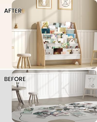 6-Tier Kids Bookshelf, Book Shelf for Kids Room, Sling Bookcase, Magazine and Book Storage Rack, Large Capacity Book Organizer for Nursery, Bedroom, Playroom, White and Natural MCW07WB