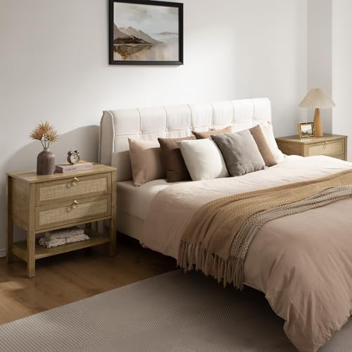 SICOTAS 26.7" Wide Rattan Nightstand with 2 Drawers & Open Shelf End Table