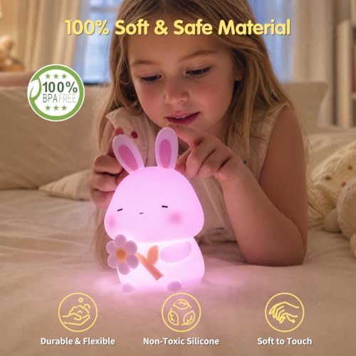 Bunny Night Light for Kids, 16-Color Silicone Animal Lamp Cute