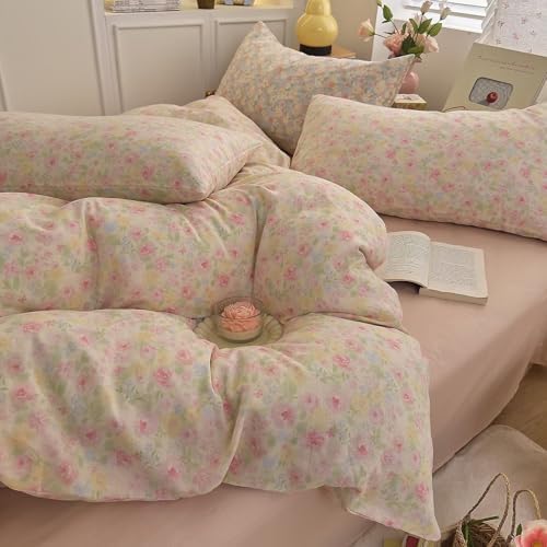 King Size Muslin Floral Duvet Cover Set 100% Cotton Cute Aesthetic Pink Comforter Cover,All Season Breathable Gauze Bedding Set with Zipper,1 Duvet Cover and 2 Pillowcases