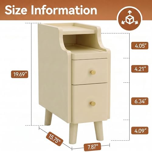 Nightstand, Pre-Assembled, 19.7“H Solid Wood Narrow Night Stand with 2 Drawers, Open Sliding Shelf, Mid Century Modern Small Bedside Table for Bedroom, Cream 8"