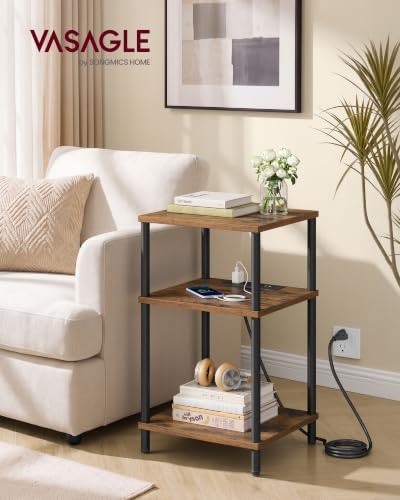 VASAGLE Side Table with Charging Station, 3-Tier Small Tall End Table
