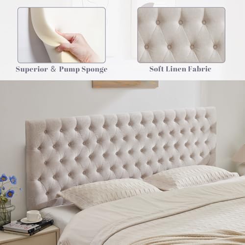 Kingfun Upholstered King Headboard Only, Premium Linen Button Tufted Headboards, Adjustable Solid Wood Head Board, Padded Headboard with Solid Wood Legs in Bedroom (Beige)
