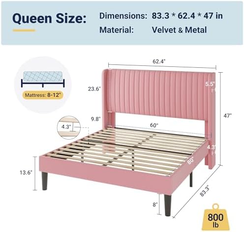 Allewie Queen Size Velvet Bed Frame/Vertical Channel Tufted Wingback Headboard/Upholstered Platform Bed/Strong Wooden Slats/No Box Spring Needed/Easy Assembly/Pink