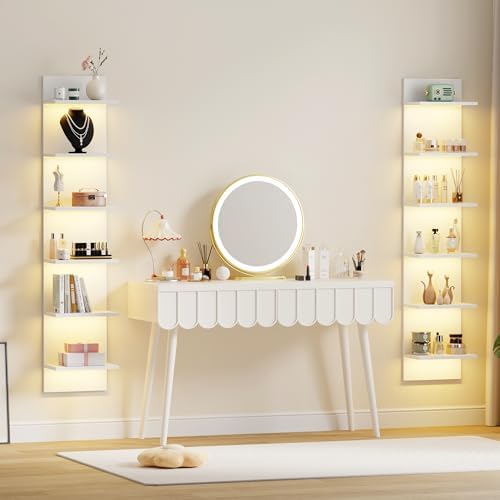 Qupui 6-Tier Wall Shelf with RGB LED, 57" Floating Storage, White