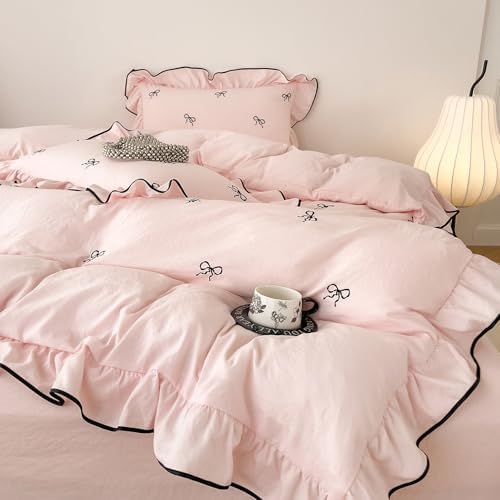 Bow Queen Size Duvet Cover Set Pink Embroidered Comforter Cover Queen Ruffle Boho Washed Brushed Microfiber Farmhouse Duvet Cover with 2 Pillow Cases Zipper Bedding Set Coquette Duvet Protector